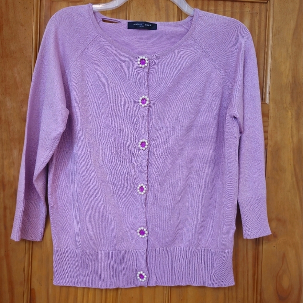 August Silk Knit Women's Lilac Snap Front 3/4 Sleeve Cardigan Sweater